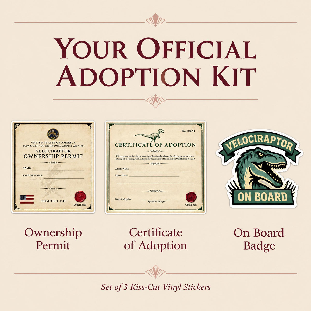 Velociraptor Dinosaur Adoption Kit! Sticker Set!