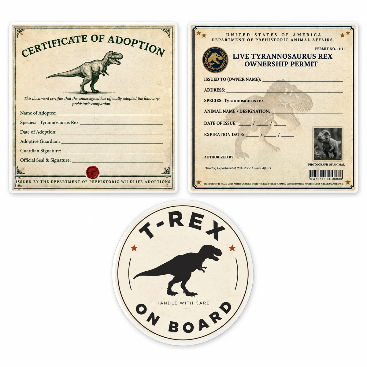 T-Rex Dinosaur Adoption Kit! Sticker Set!