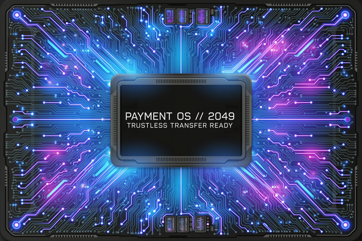 Cyberpunk card skin with blue and pink neon circuit lines around a black chip reading "Payment OS // 2049"
