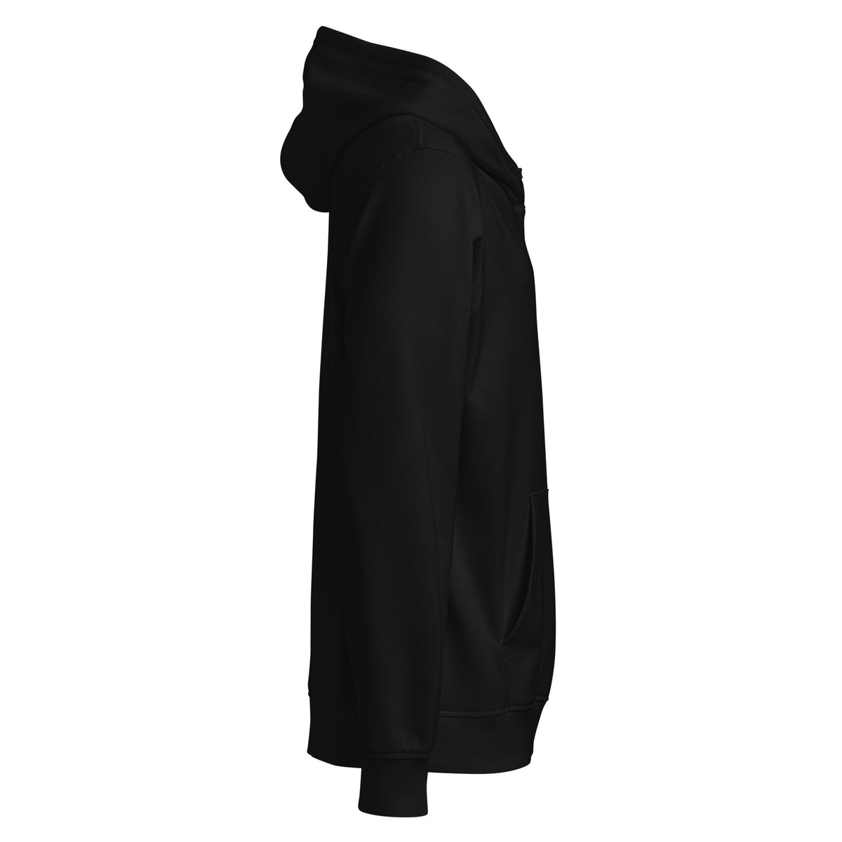 Opposite side view of the black I Adopted a Velociraptor hoodie, showing hood and pocket, with no print on this side