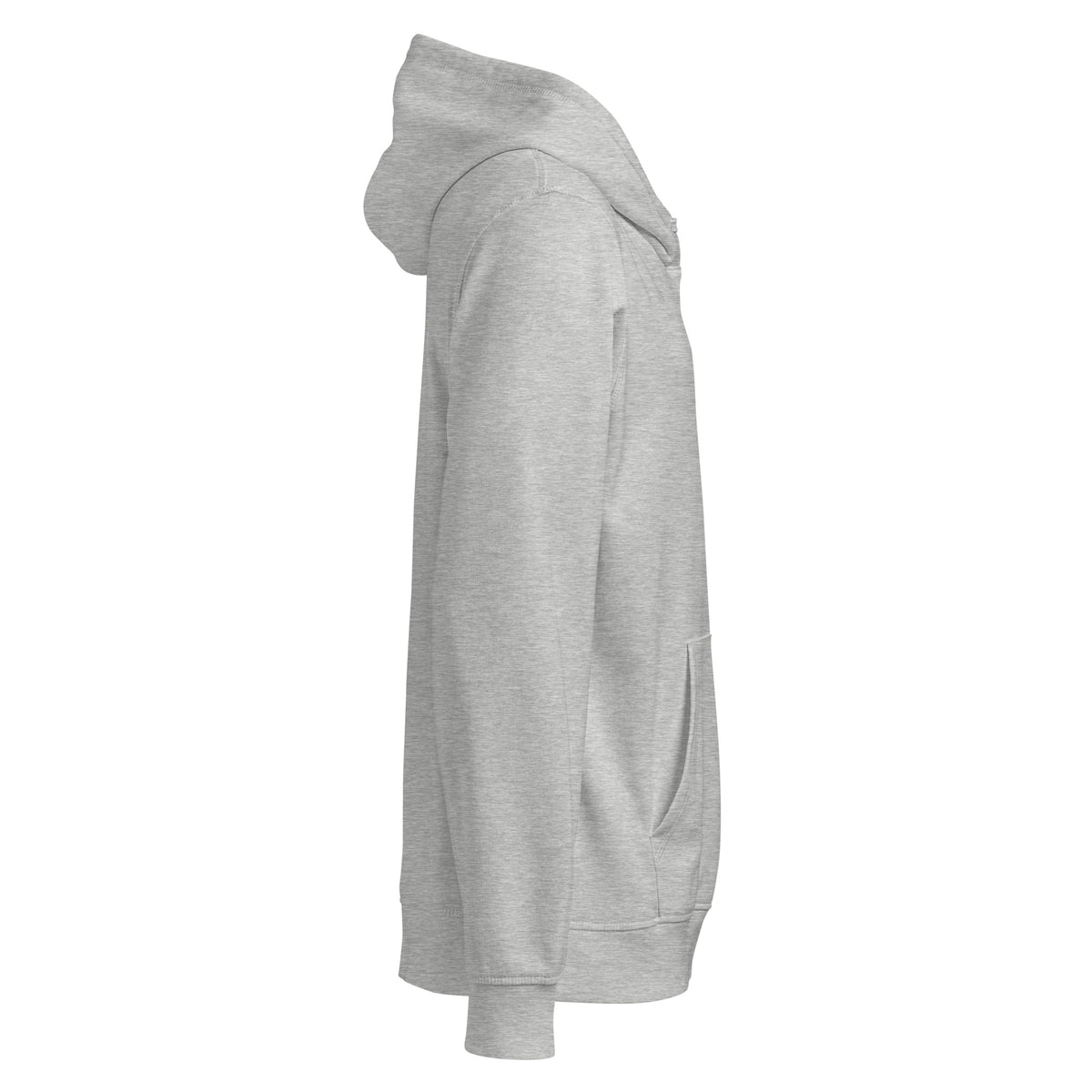 Opposite side view of the light heather gray I Adopted a Velociraptor hoodie, showing hood and pocket, with no print on this side