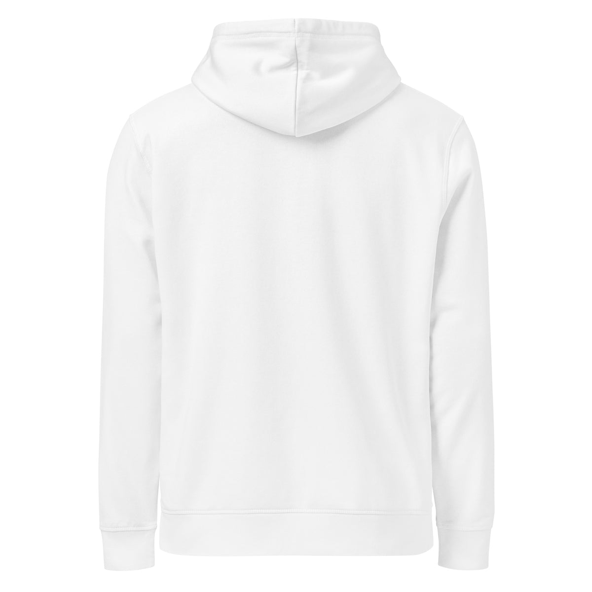 Back view of the white I Adopted a Velociraptor hoodie, plain with no print, on a plain background