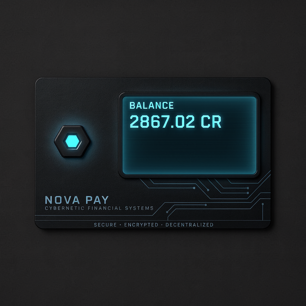 Nova Pay cyberpunk card skin in black with a glowing cyan hexagon and a 'Balance 2867.02 CR' display