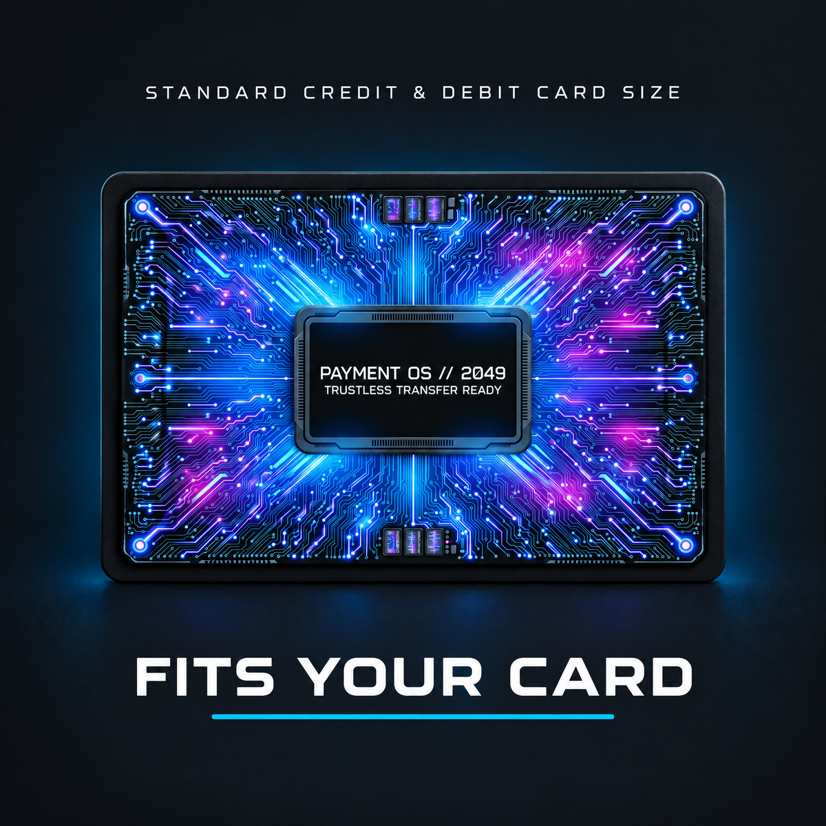 Blue and pink cyberpunk card skin on a dark background, labeled "Standard credit and debit card size. Fits your card"