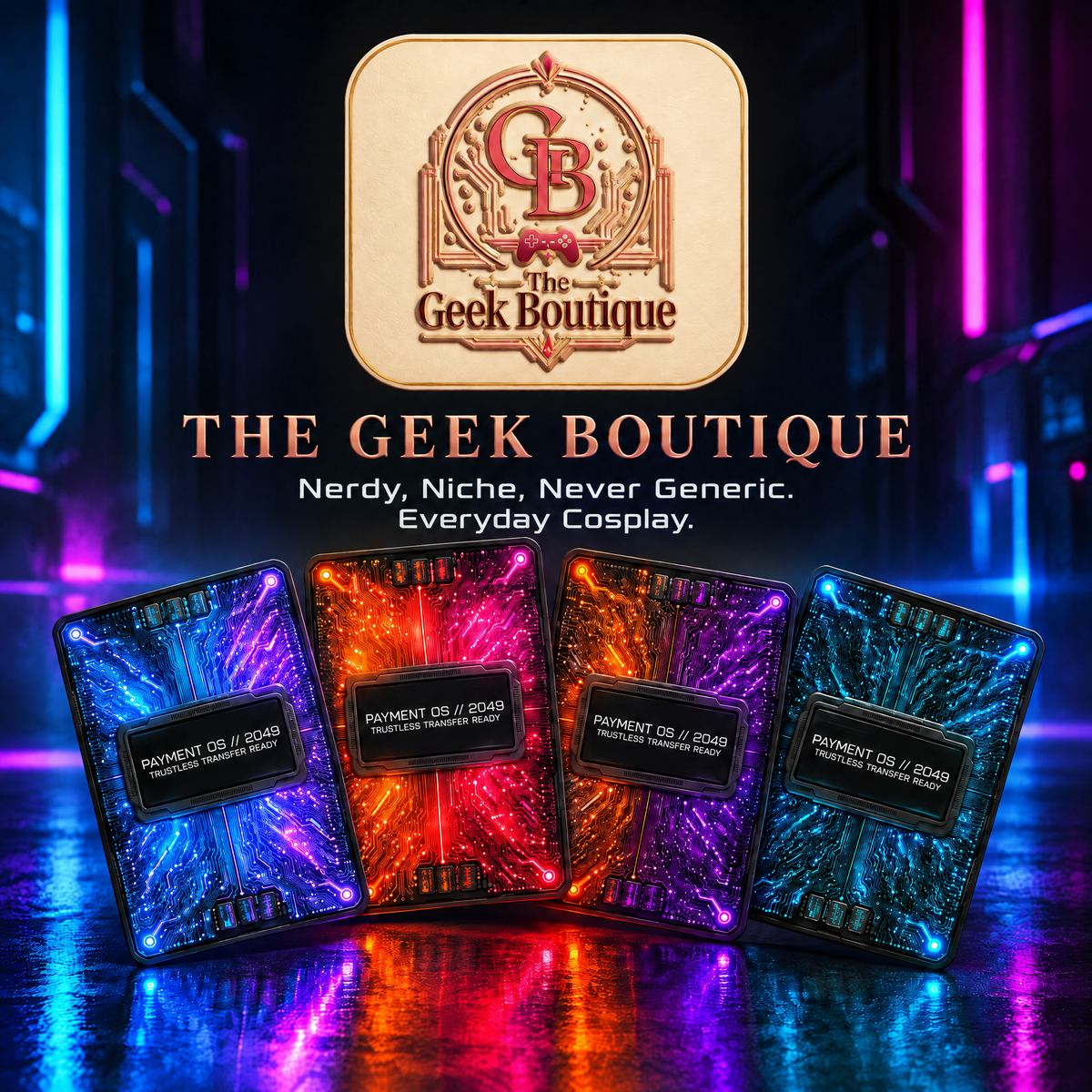 The Geek Boutique logo above four neon circuit card skins on a glossy floor, tagline "Nerdy, Niche, Never Generic. Everyday Cosplay."