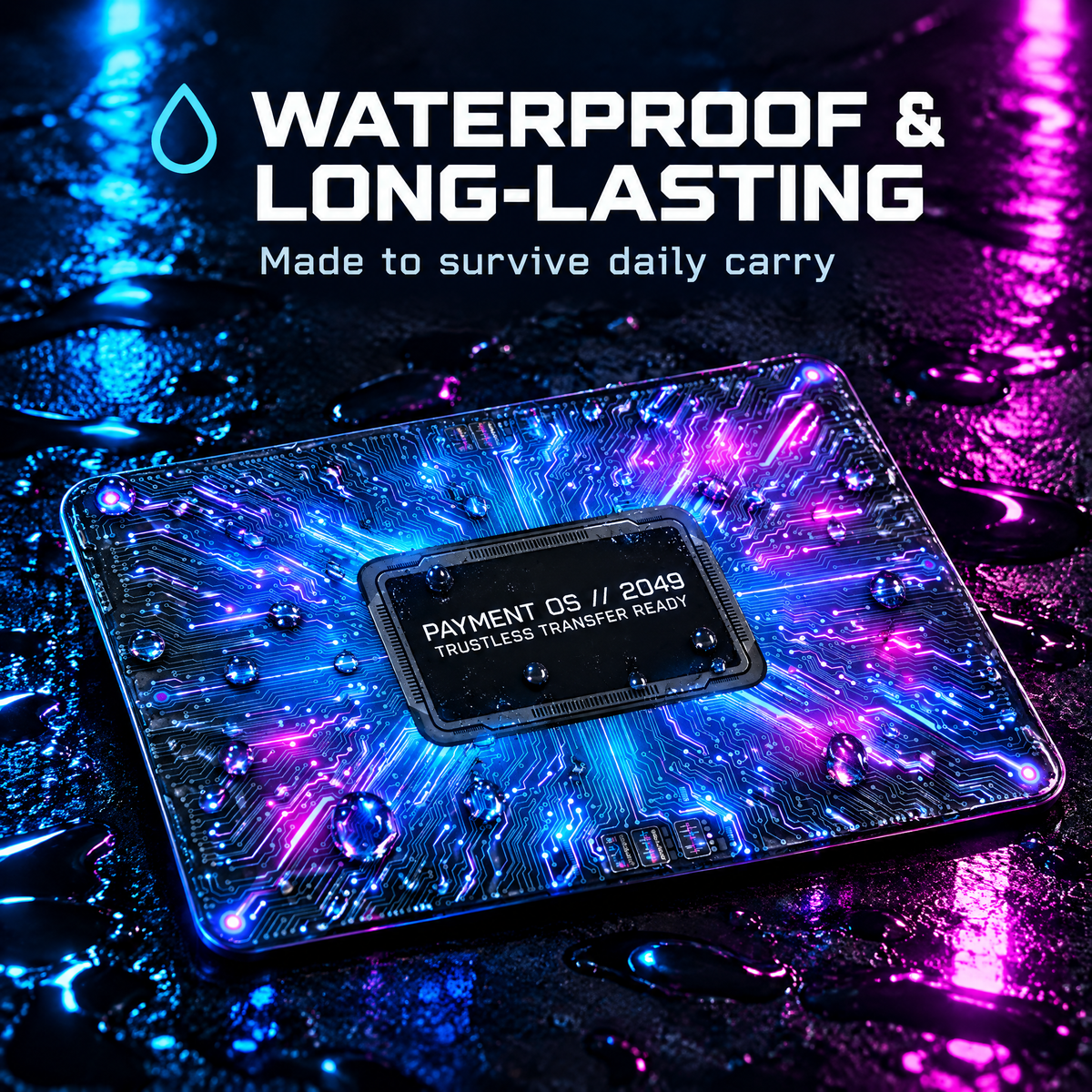 Cyberpunk card skin with blue and pink neon circuits covered in water droplets, text "Waterproof and long-lasting"