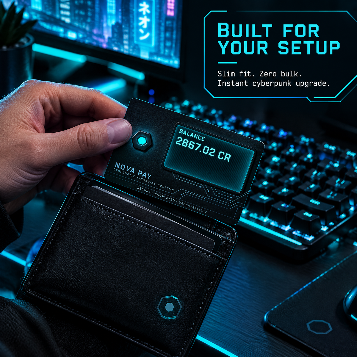 Hand sliding a Nova Pay cyberpunk card skin card out of a black wallet beside a glowing keyboard, 'Built for your setup'