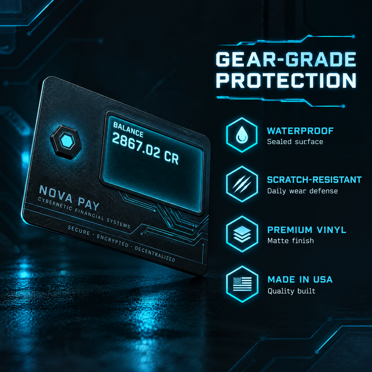Nova Pay card skin tilted on a reflective surface, with 'Gear-grade protection': waterproof, scratch-resistant, vinyl
