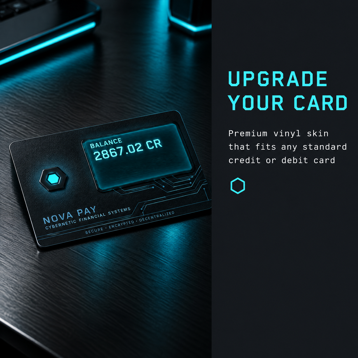 Nova Pay cyberpunk card skin on a dark wood desk with cyan glow, with 'Upgrade your card' vinyl skin text