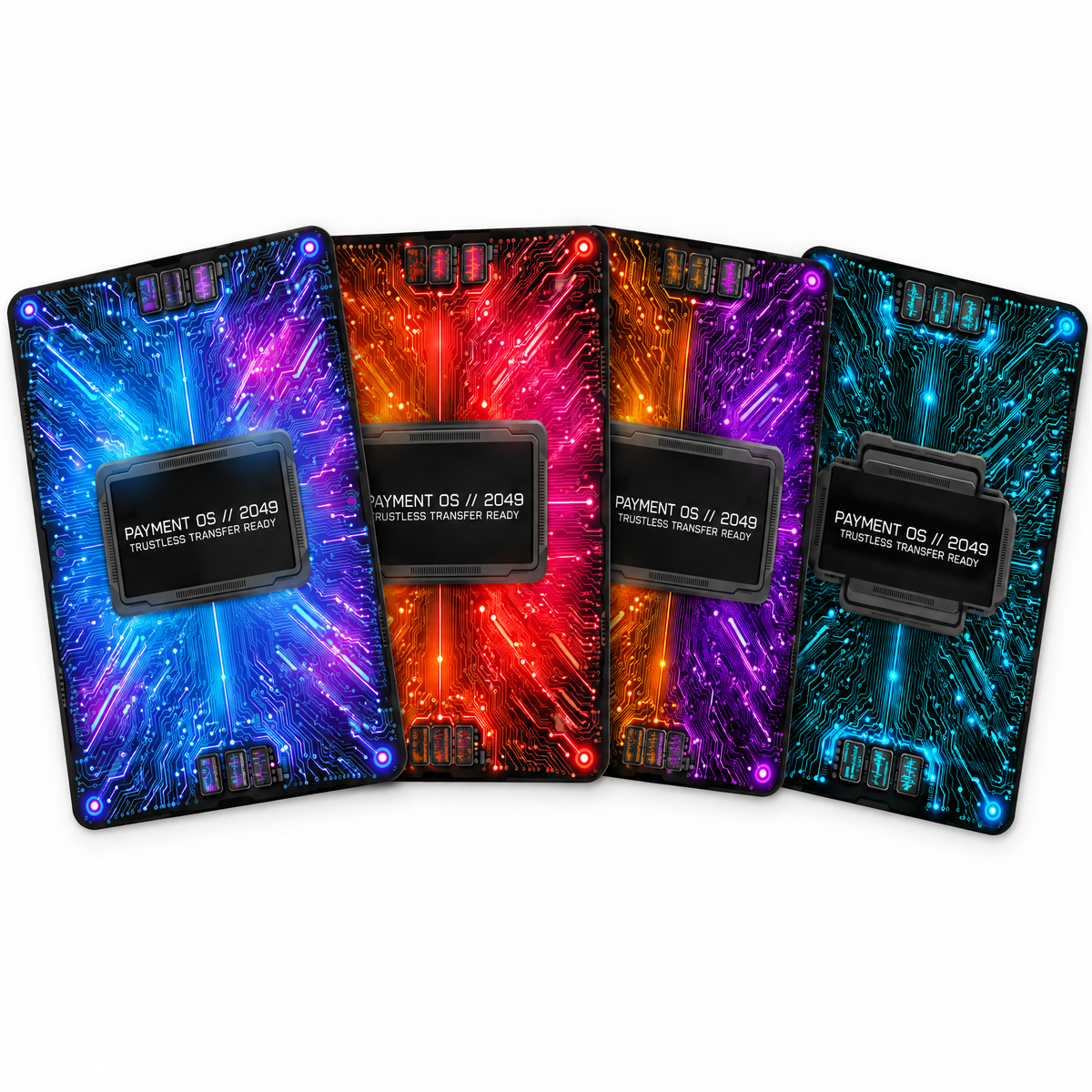 Cyberpunk card skin set of 4 in blue, red, orange-purple and teal circuit designs, each reading "Payment OS // 2049"