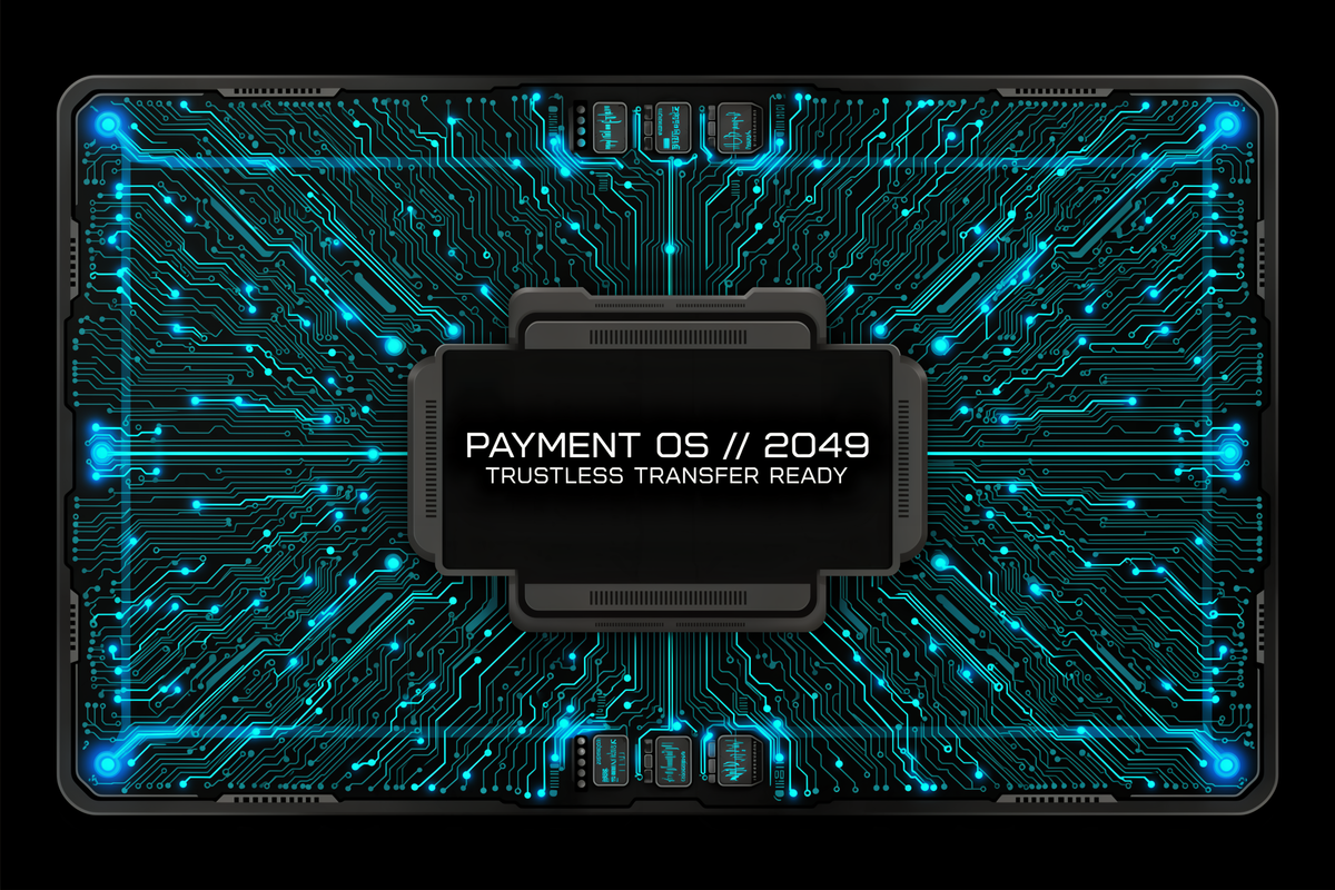 Cyberpunk card skin with cyan neon circuit lines around a black chip reading "Payment OS // 2049"