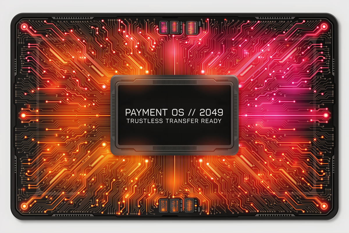 Cyberpunk card skin with glowing red and orange circuit lines around a black chip reading "Payment OS // 2049"