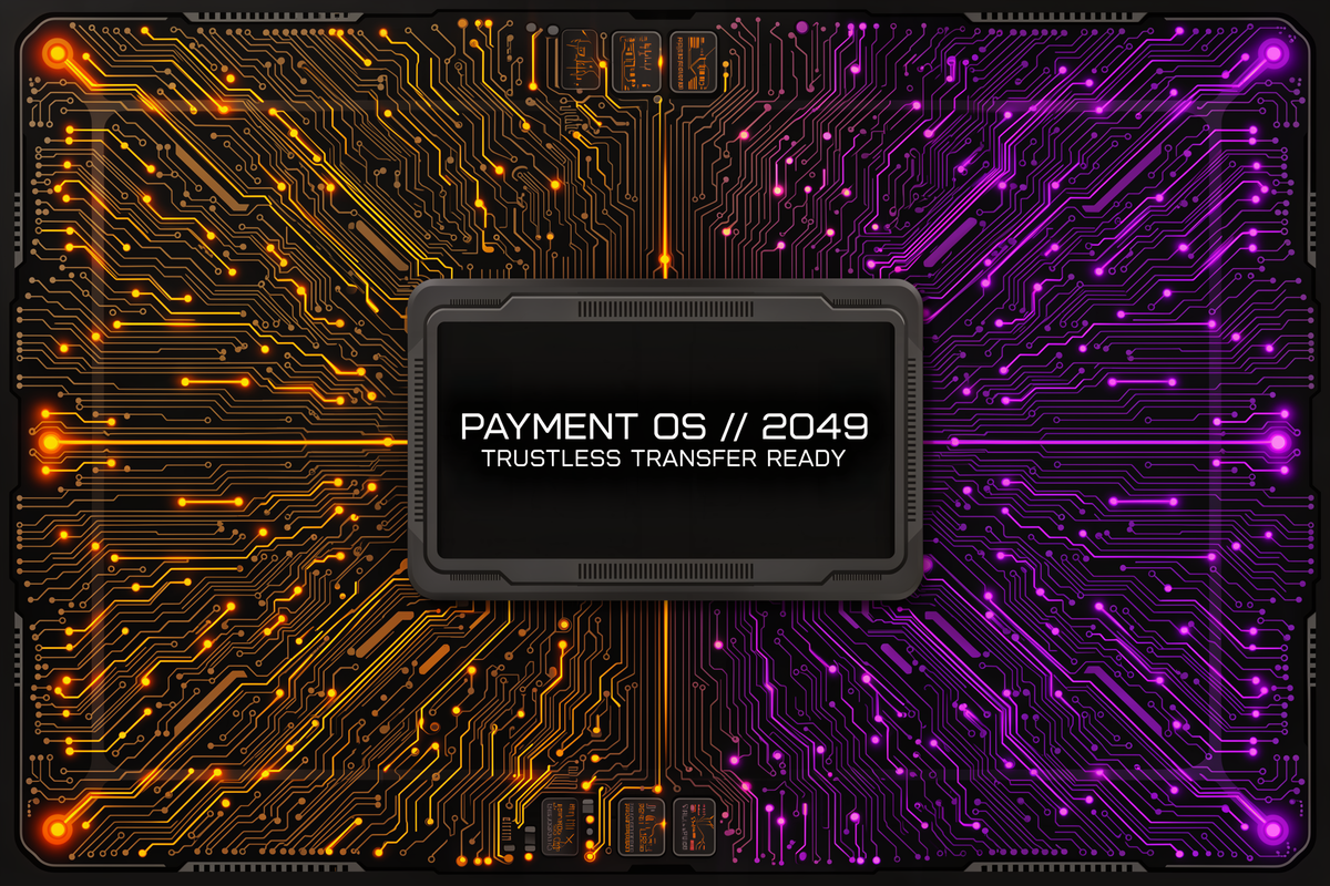 Cyberpunk card skin with orange and purple neon circuit lines around a black chip reading "Payment OS // 2049"