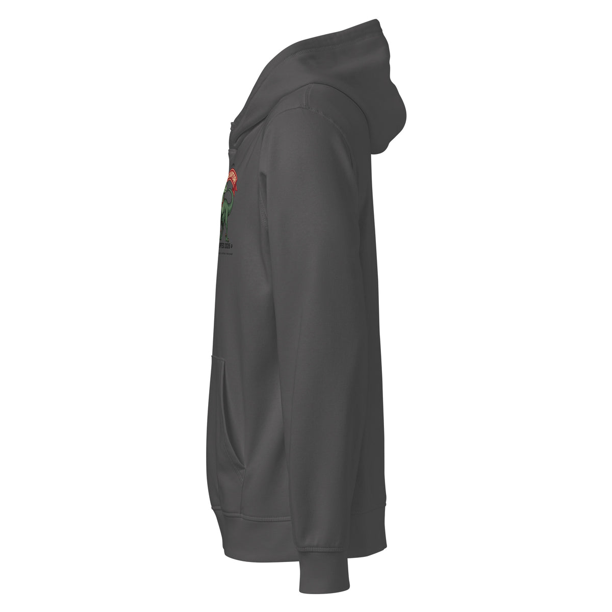 Side view of the dark gray I Adopted a Velociraptor hoodie, with the small velociraptor print visible at the chest edge