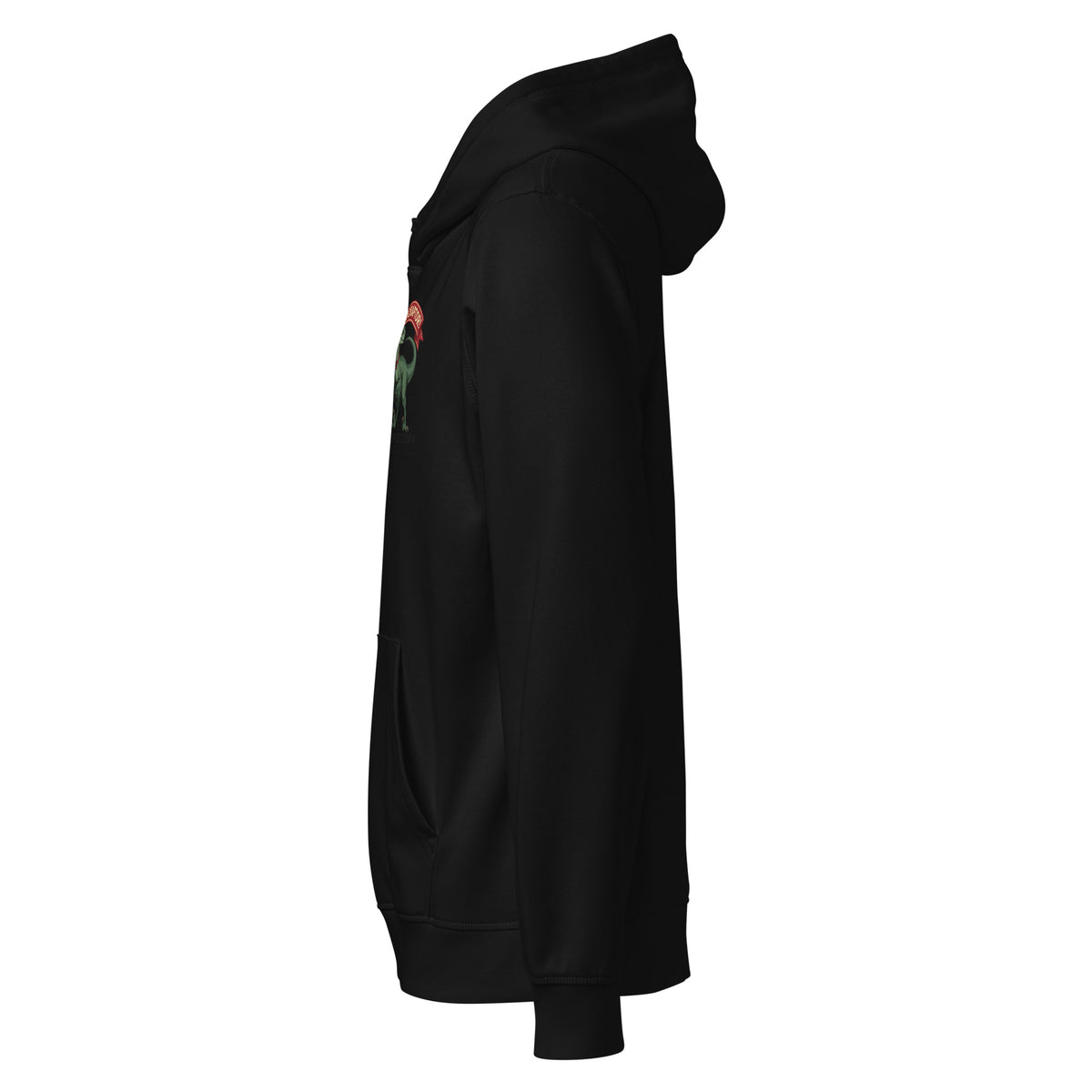 Side view of the black I Adopted a Velociraptor hoodie, with the small velociraptor print visible at the chest edge