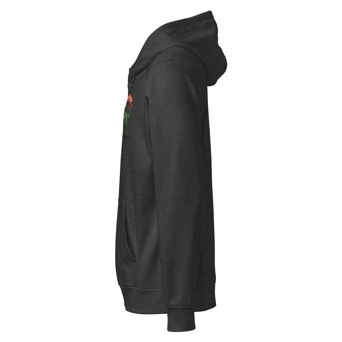 Side view of the charcoal heather I Adopted a Velociraptor hoodie, with the small velociraptor print visible at the chest edge