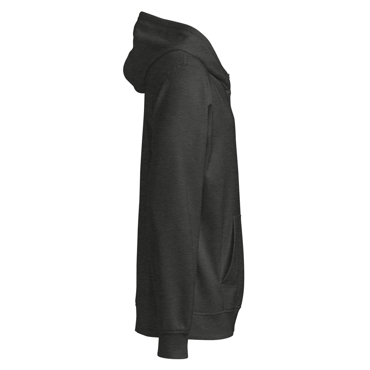 Opposite side view of the charcoal heather I Adopted a Velociraptor hoodie, showing hood and pocket, with no print on this side
