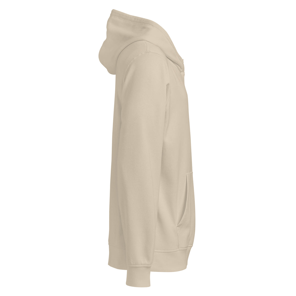 Opposite side view of the sand I Adopted a Velociraptor hoodie, showing hood and pocket, with no print on this side