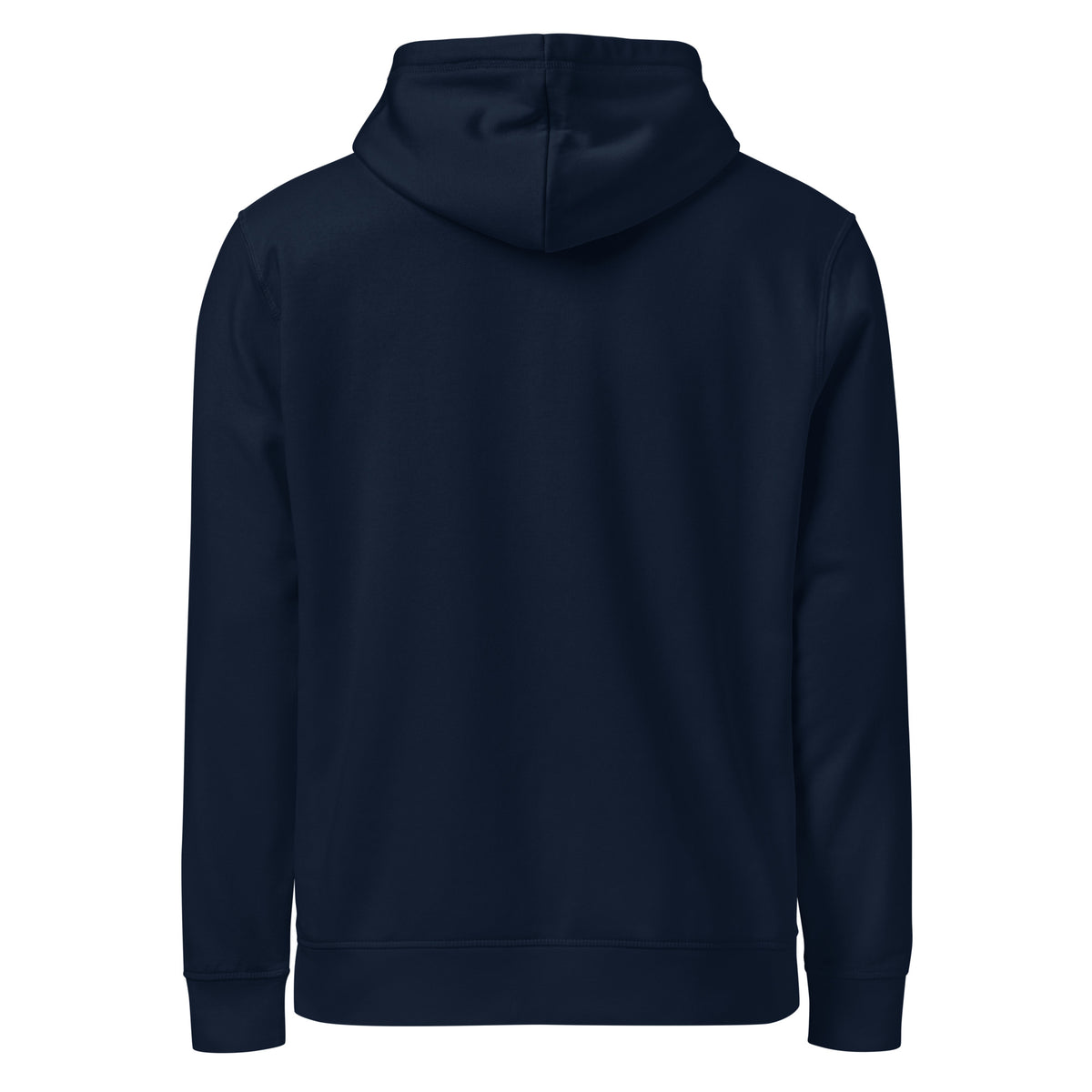 Back view of the navy I Adopted a Velociraptor hoodie, plain with no print, on a plain background