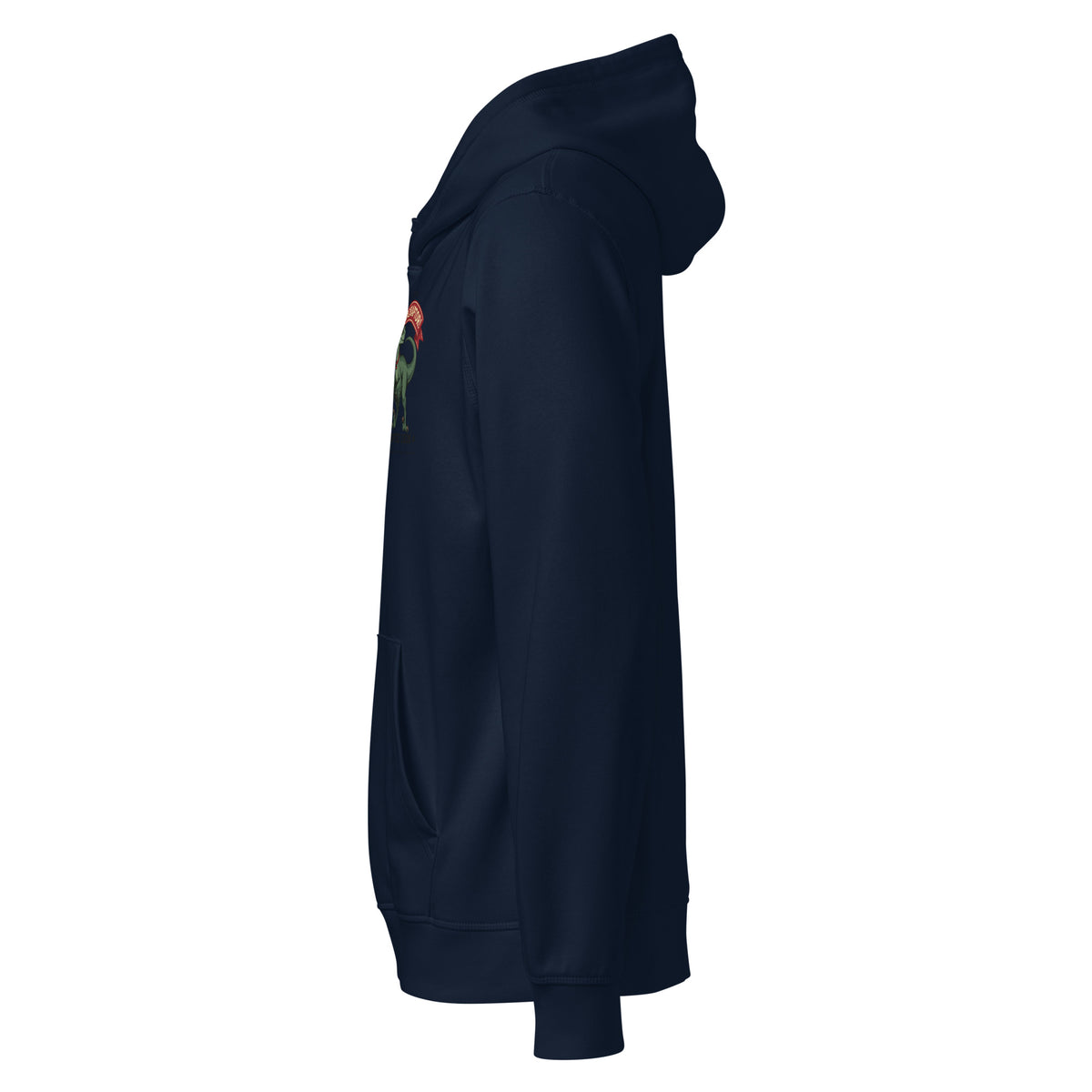 Side view of the navy I Adopted a Velociraptor hoodie, with the small velociraptor print visible at the chest edge