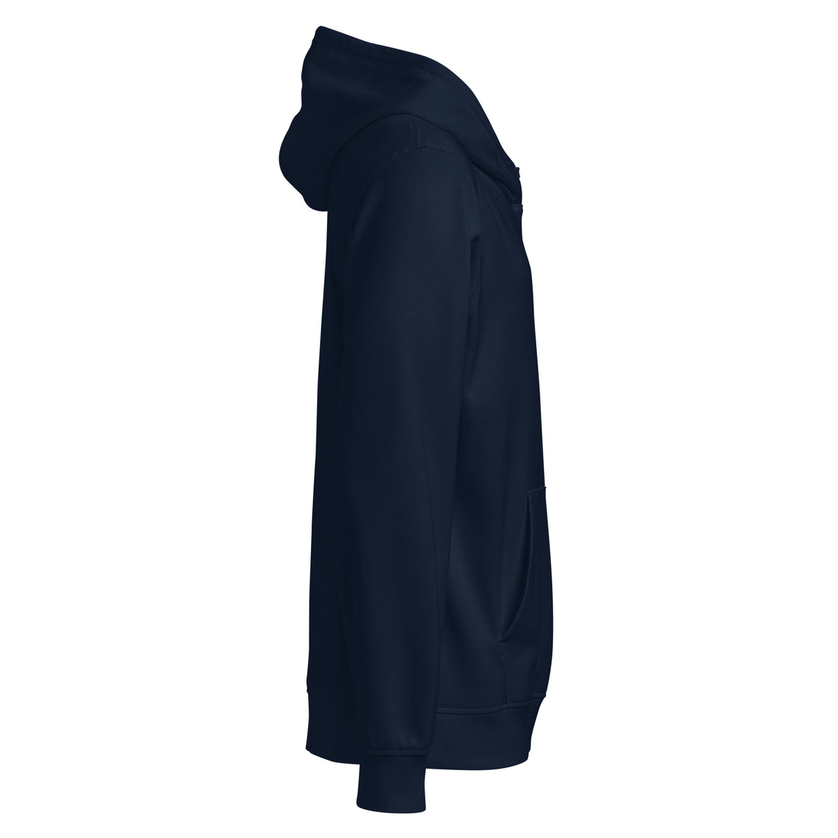 Opposite side view of the navy I Adopted a Velociraptor hoodie, showing hood and pocket, with no print on this side