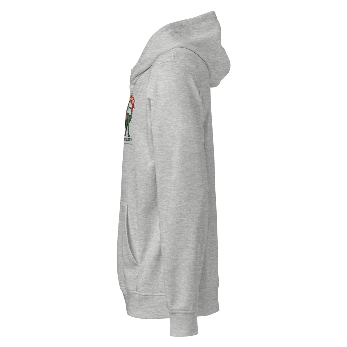 Side view of the light heather gray I Adopted a Velociraptor hoodie, with the small velociraptor print visible at the chest edge