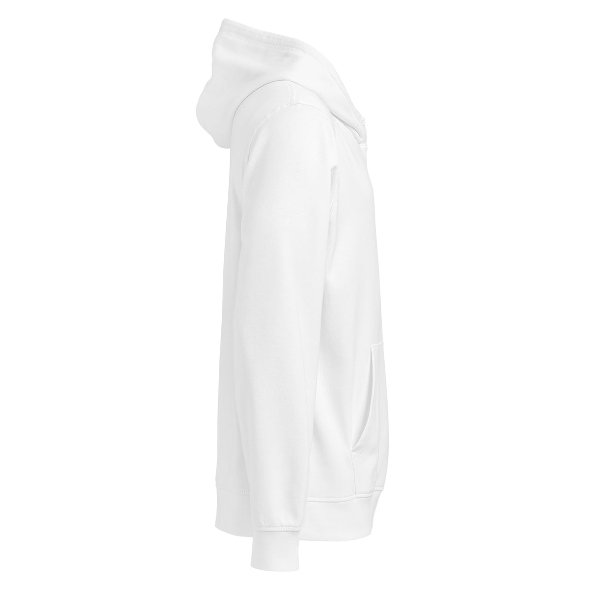Opposite side view of the white I Adopted a Velociraptor hoodie, showing hood and pocket, with no print on this side